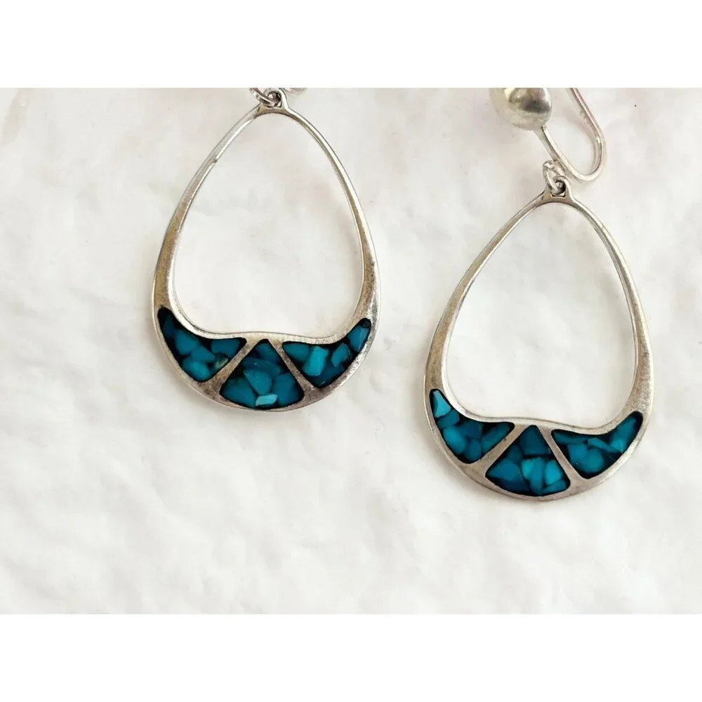 Teardrop Hoop Turquoise Screw Back SW Vintage Sterling Silver 925 Earrings